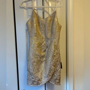 Never worn, gold floral party dress